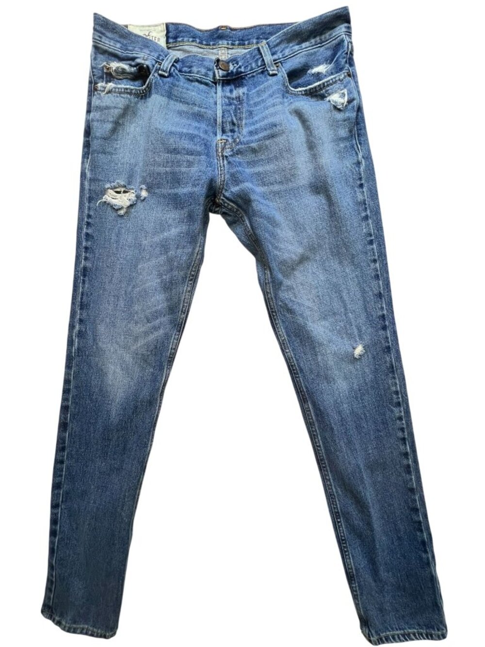 Hollister Men's Distressed Skinny Jeans Stretch Denim Size 34x34 Blue Mid Wash